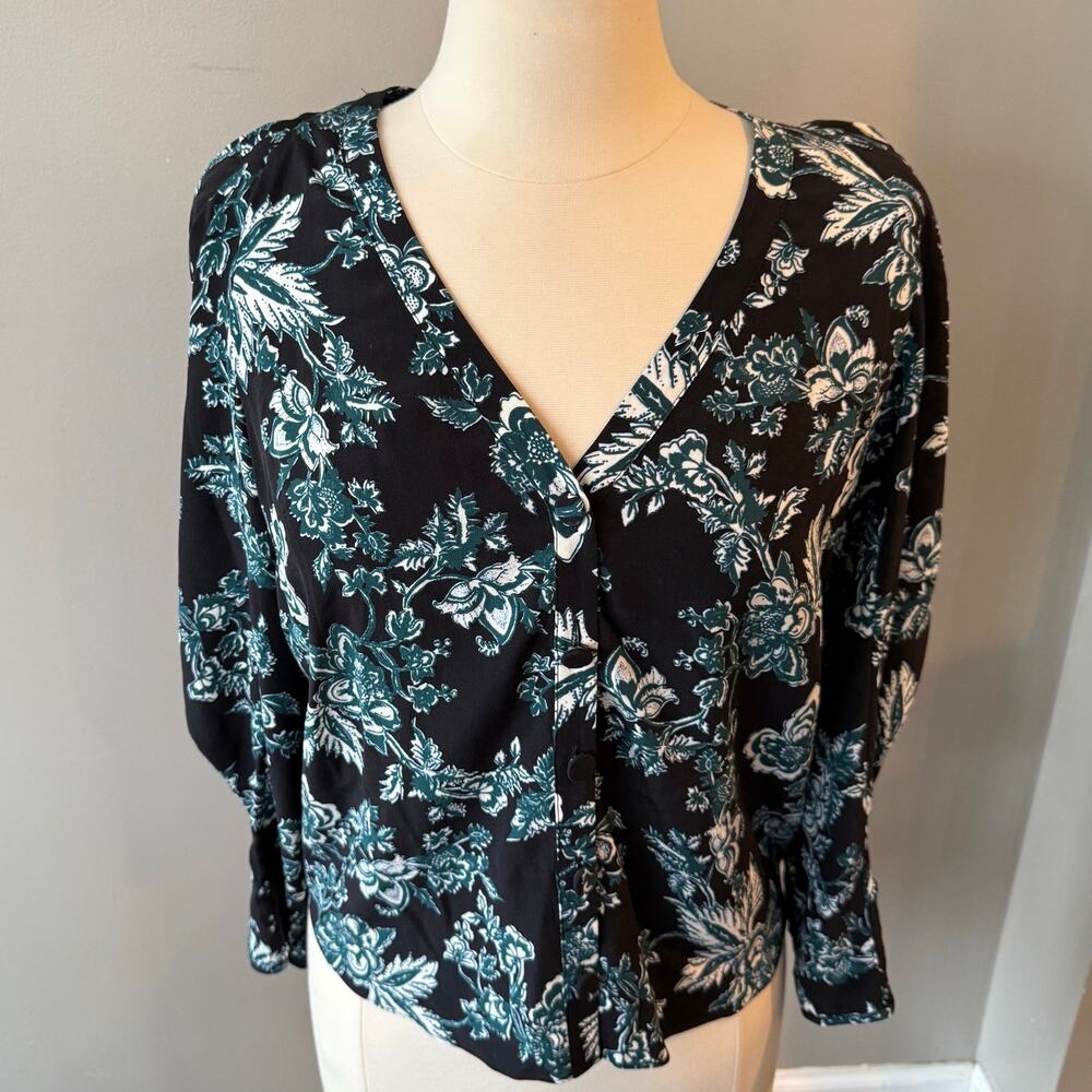 Veronica Beard Isa Floral Button Down Front Silk Blouse Sz 4 Black Quiet Luxury